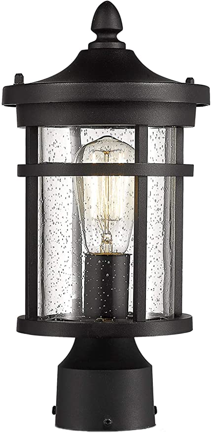 Bestshared Outdoor Post Light, 13.75" Height Exterior Post Lighting Fixture, Outdoor Patio Post Lantern for Pathway, Driveway, Front/Back Door, Post Lamp in Black Finish with seeded Glass